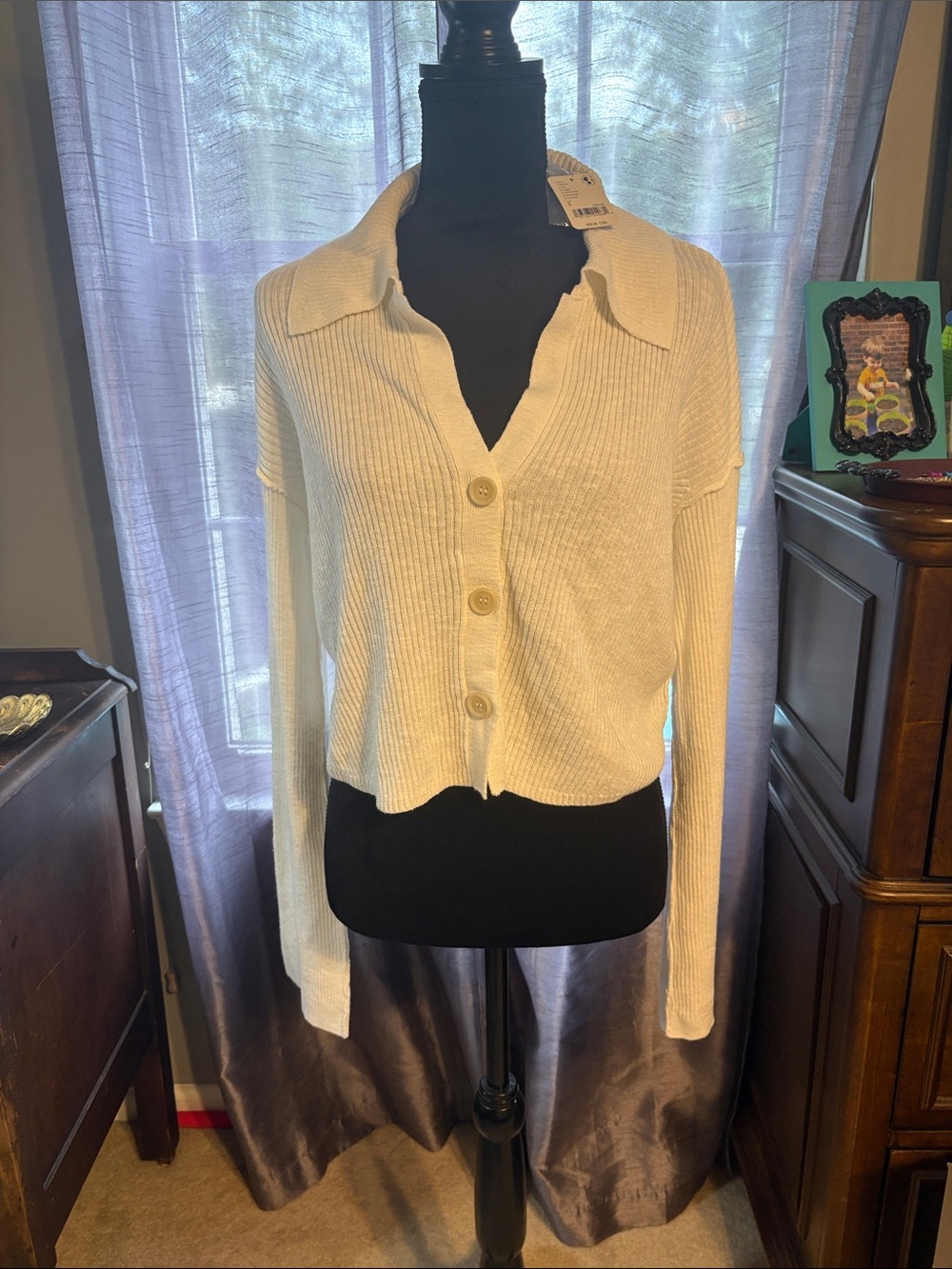 Free People Cream Ribbed Button-Front Collared Cardigan NWT - Picture 2 of 10